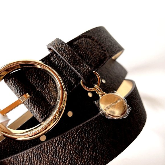 NWT Original MICHAEL KORS Signature Belt with Charm Logo Brand Buckle Brown Gold - Picture 2 of 6